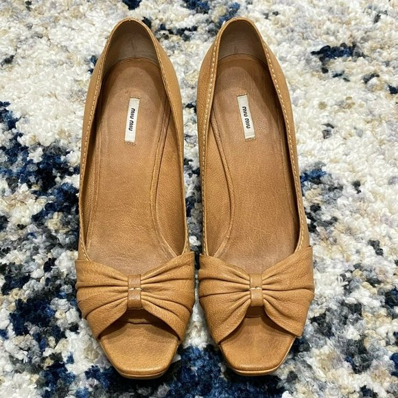MIU MIU Womens Gorgeous Brown Tan Leather Bow Platform Peeptoe Pumps Heels 38.5 - Picture 2 of 12